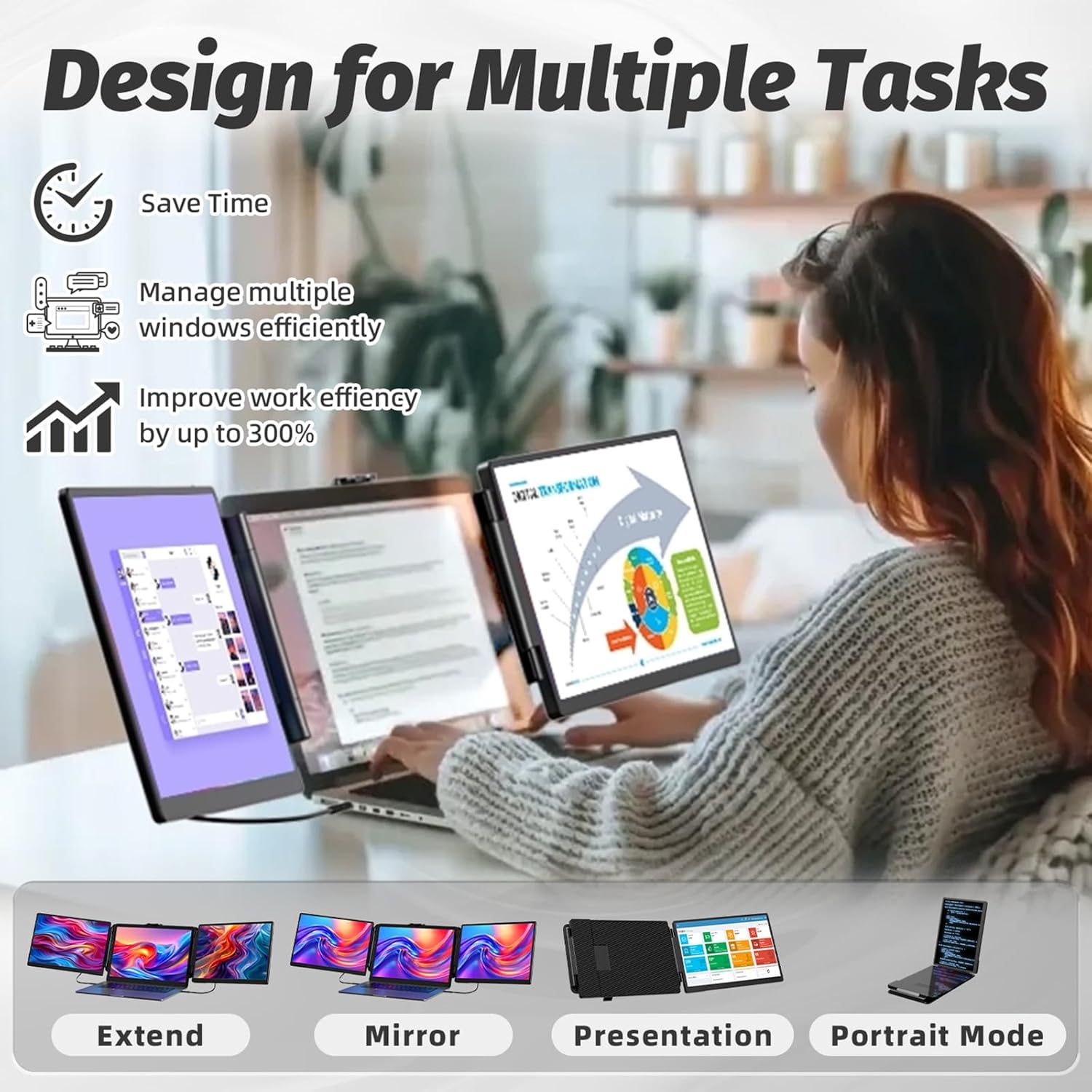 KOJOM 2K Laptop Screen Extender - 13' IPS 1440P Triple Screen Laptop Monitor Extender Plug & Play Multi Screen Attachment for 13'-17' Laptops Compatible with Wins Mac Dex Chrome Travel Gaming Work