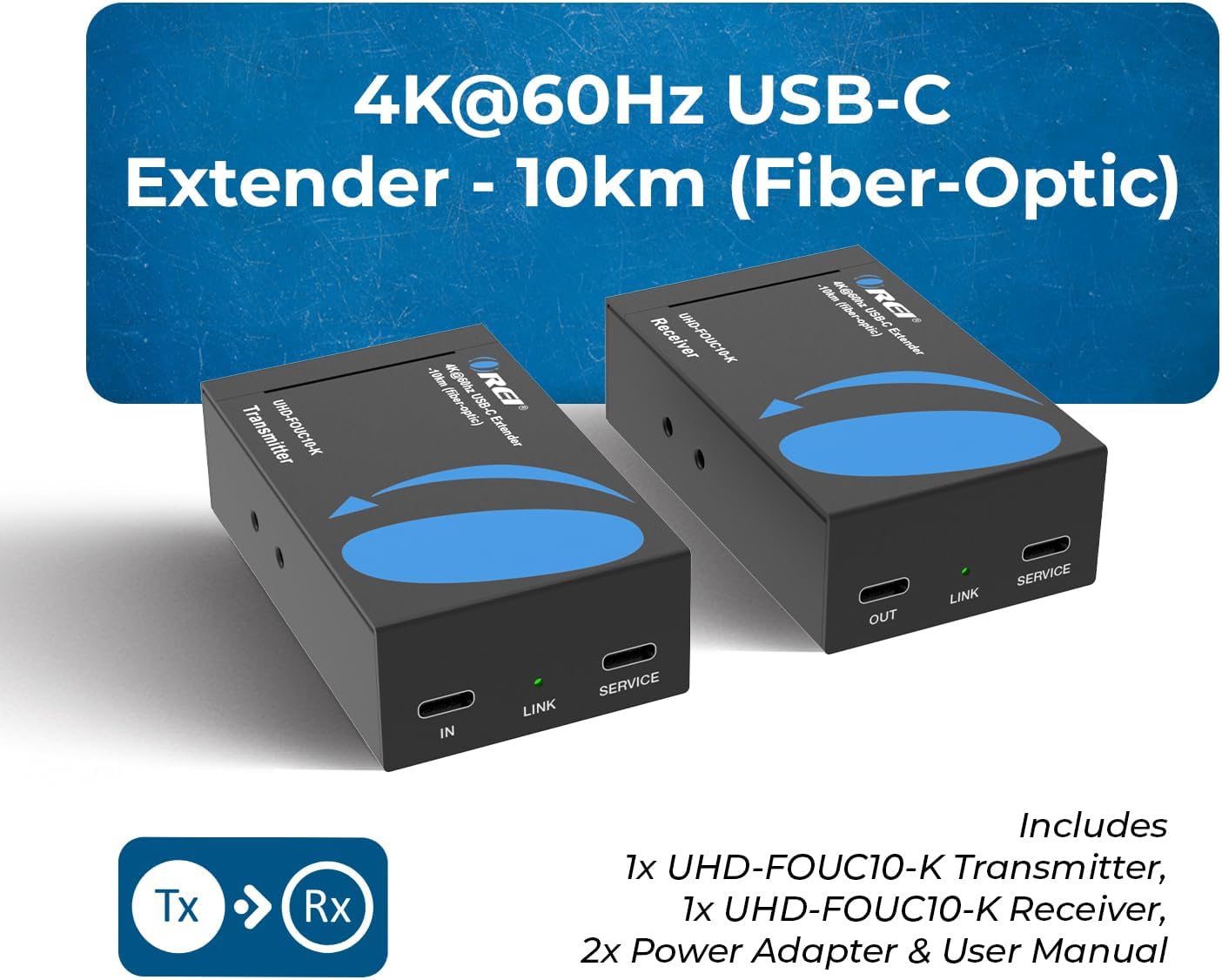 OREI USB-C Extender Over Fiber Optic Balun - ALT Mode UltraHD 4K @ 60Hz 4:4:4 DR, HDR10+, SFP+ - Up to 10 KM in Single Mode - 300M in Multi-Mode