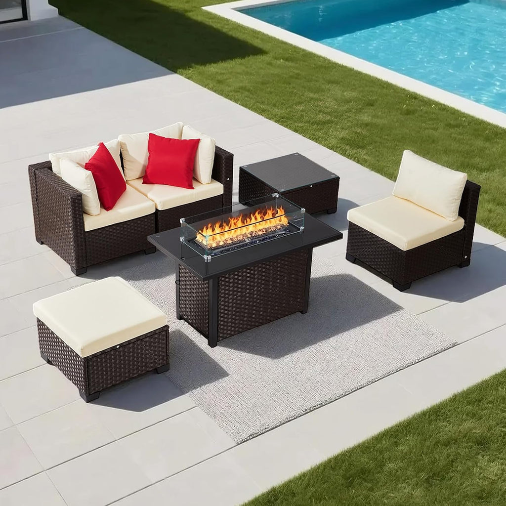 VEVOR 2025 Upgraded 6-Piece Wicker Patio Furniture Set with Protective Glides, Non-Scratch Pads, High Back Outdoor Sofa, All-Weather Wicker Patio Conversation Set for Deck Yard Pool