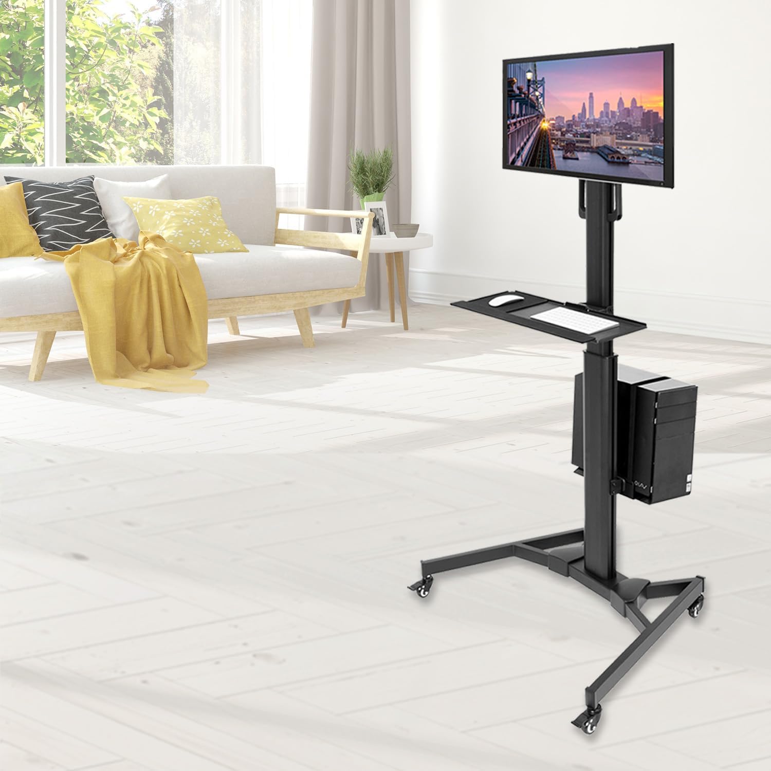Mount-It! Computer Cart Mobile Desk Workstation with Monitor Mount for Screen up to 32', Rolling Computer Desk PC Cart, Keyboard & Mouse Tray, Rolling Stand with Adjustable CPU Holder, 63.5' Tall