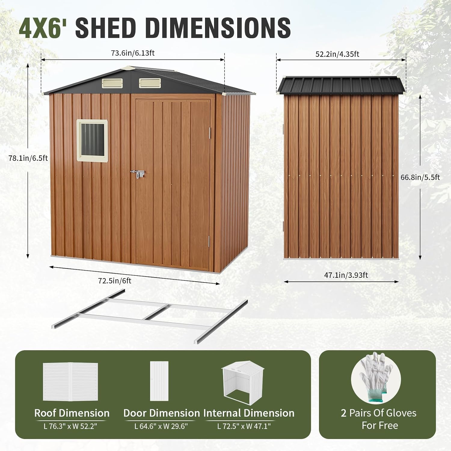 Outdoor Storage Shed 6x4 Ft, Lockable Metal Garden Shed with Floor Base, Tool Shed Tiny House Vertical Outside Storage Building for Backyard, Lawn, Patio, Bike (6x4 FT/Base)