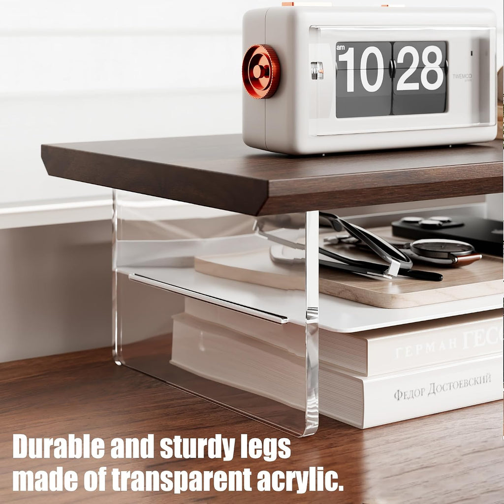 FENSULN Dual‑Tier Monitor Stand for Modern Desk Setup – Minimalist Wooden and Metal Riser Shelf with Transparent Acrylic Feet for Dual Monitors, Laptops, Home Office Aesthetic，Brown and White