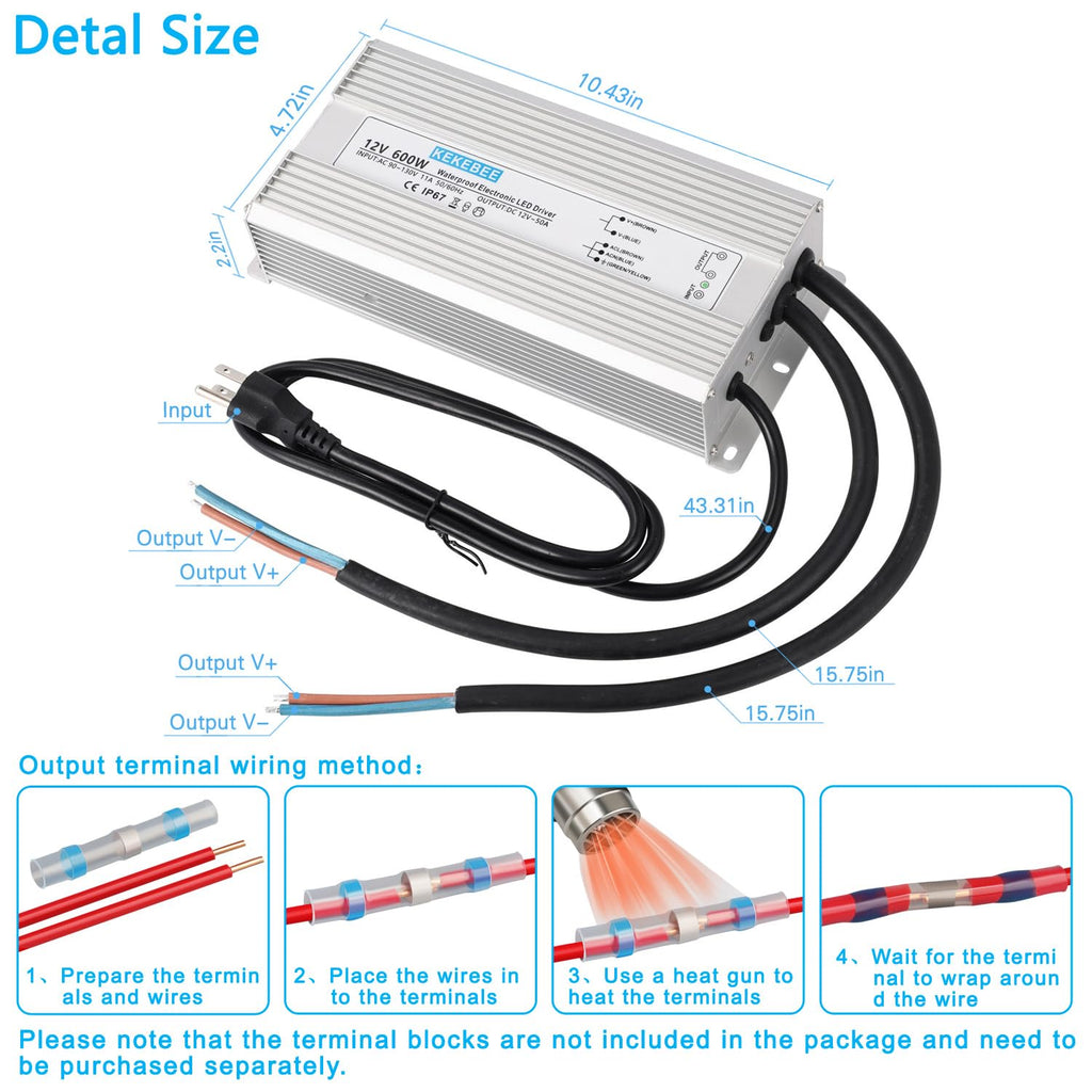 LED Driver 12V600W Waterproof Power Supply 110V/130V AC to 12V DC 50A Low Voltage Transformer IP67 Hotel Exterior Wall Landscape Light LED Light with Spotlight Switch Power Supply