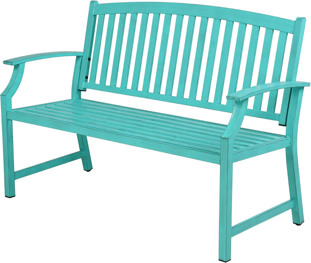 Grand patio 52' Farmhouse Outdoor Bench, Garden Benches with Anti-Rust Aluminum Powder Coated Frame, Faux Wood Grain Finish Frame Patio Bench for Front Porch, Turquoise Blue