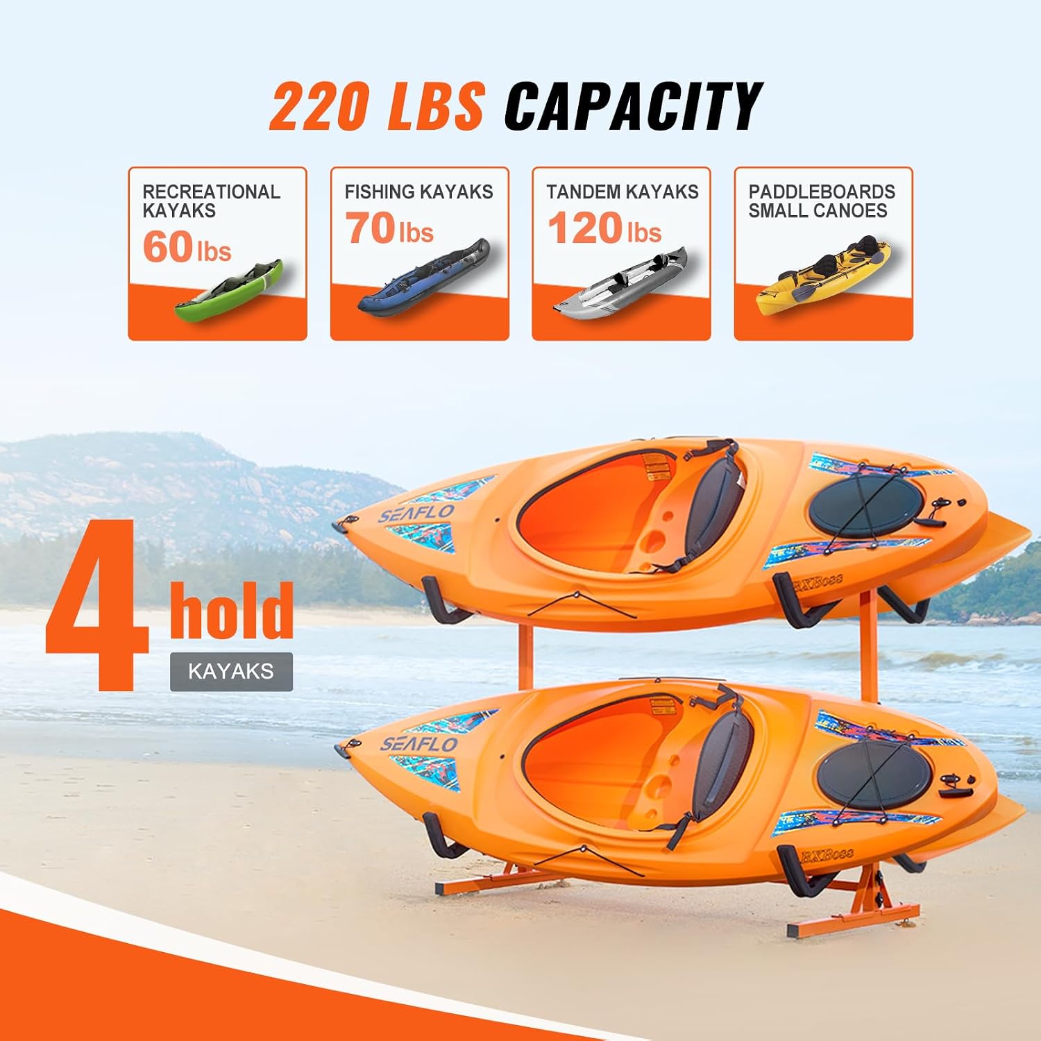 VEVOR Kayak Storage Rack, Heavy Duty Adjustable Freestanding Stand with Lockable Wheels for Indoor Outdoor Garage Shed Dock, Holder for Canoe, SUP, Surfboard & Paddleboard