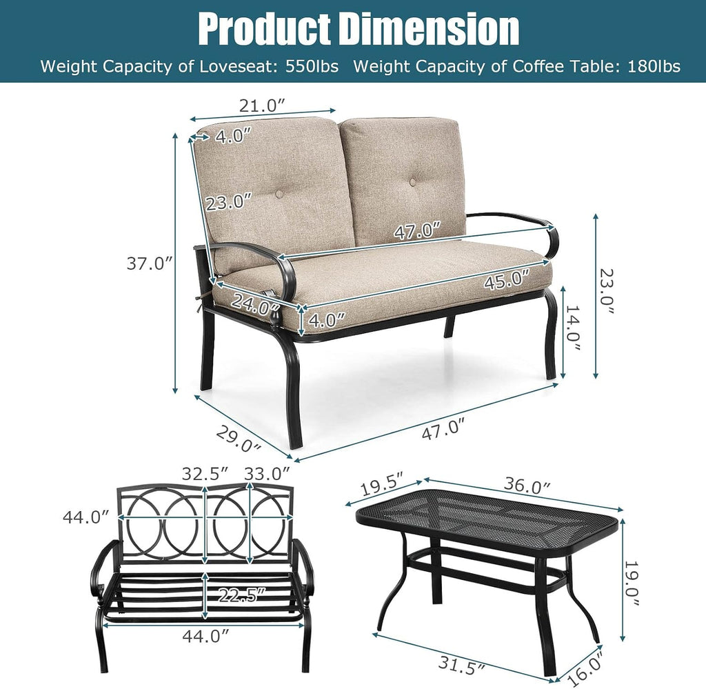 Tangkula Patio Loveseat with Table Set, 2 Seat Cushioned Sofa with Coffee Table, Patio Conversation Sofa Set with Rustproof Frame, 2 Pieces Outdoor Furniture Set for Garden, Poolside, Balcony (Beige)