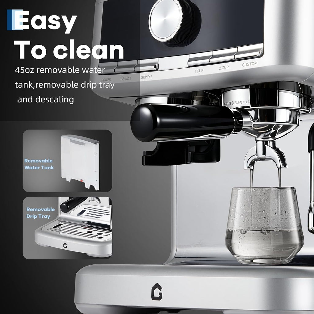 TROPOW Espresso Machine with Grinder - 20 Bar Pressure Professional, Stainless Steel Coffee Maker with Milk Frother, 1.5l Removable Water Tank for Latte, Cappuccino, Home & Office