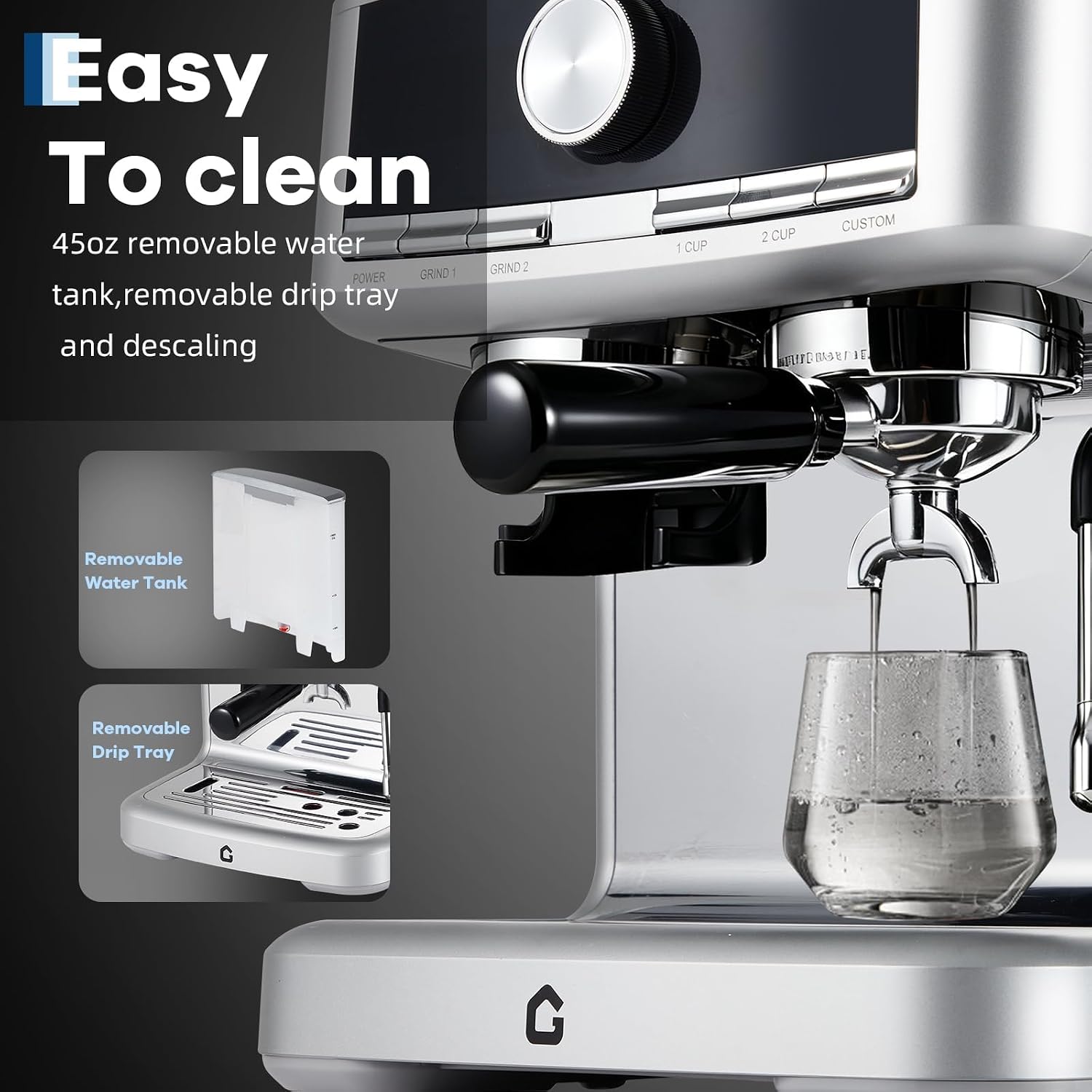 TROPOW Espresso Machine with Grinder - 20 Bar Pressure Professional, Stainless Steel Coffee Maker with Milk Frother, 1.5l Removable Water Tank for Latte, Cappuccino, Home & Office