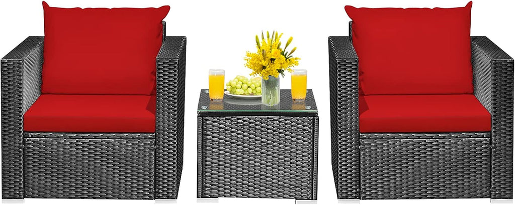 HAPPYGRILL 3 Piece Patio Furniture Set Rattan Wicker Patio Conversation Set with Coffee Table and Cushions Outdoor Sofa Set for Garden Balcony Porch Poolside