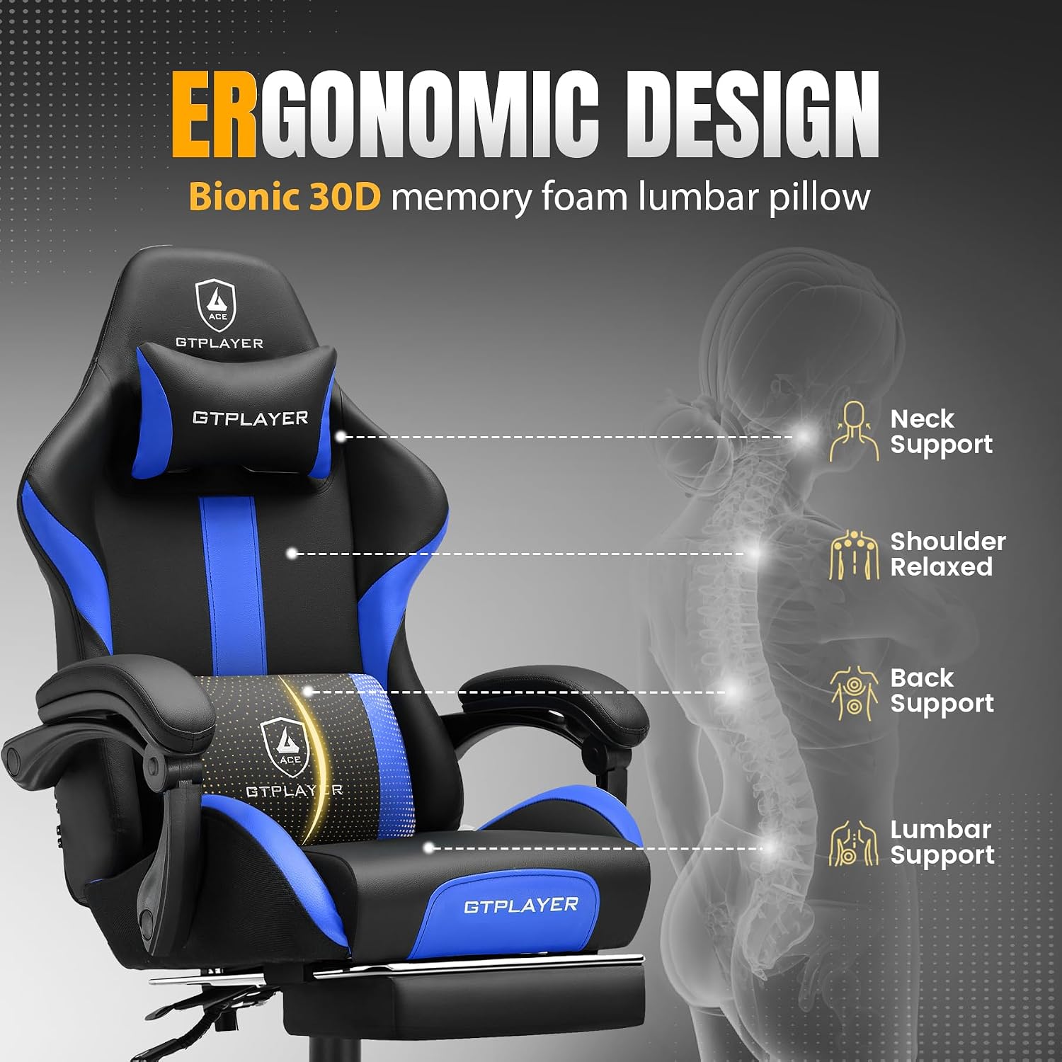 GTPLAYER Gaming Chair with Foot Rest & Pocket Spring Cushion, Ergonomic High Back Computer Chair with Headrest & 360°-Swivel Seat for Home Office Desk, PU Leather, Blue