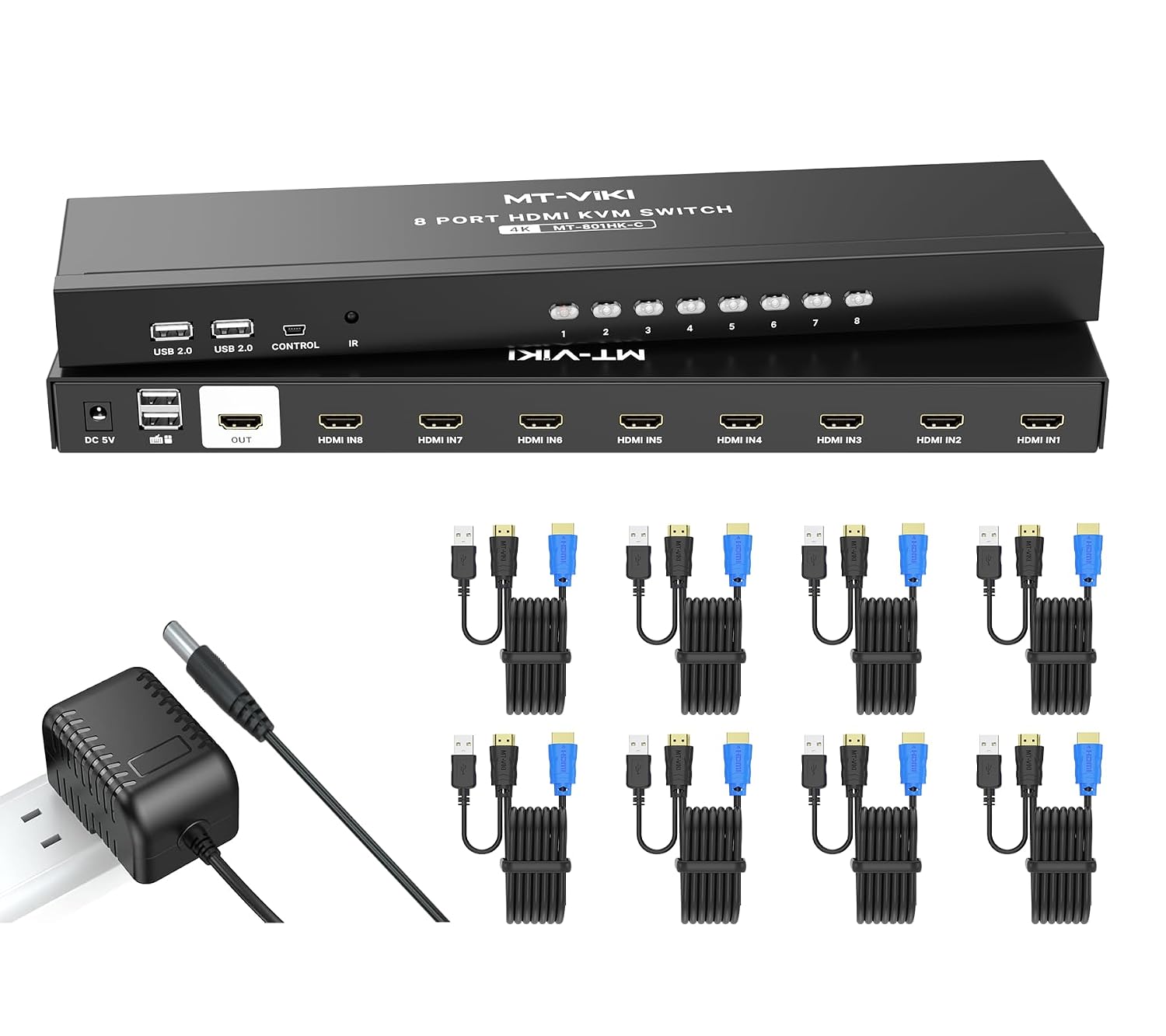 KVM Switch HDMI 8 Port, MT-VIKI 4K@30Hz USB HDMI KVM Switch 8 in 1 Out w/KVM Cables, 4 USB 2.0 Hubs Desktop Selector IR Remote & Rack Ears