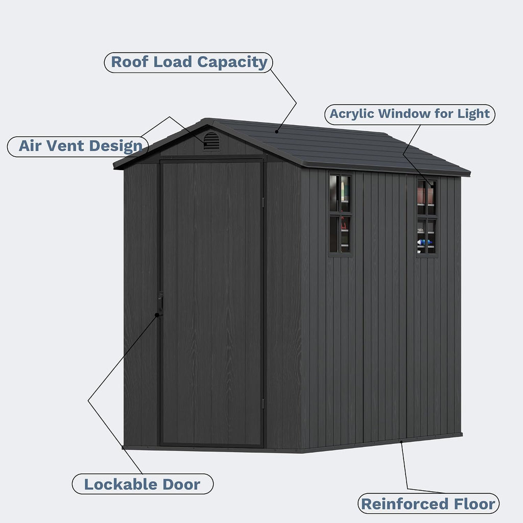 Devoko 4×8 FT Resin Outdoor Storage Shed, Garden Shed with Floor, Lockable Door and Two Windows, Waterproof Outside Plastic shed for Backyard Bike, Tools, Lawn Mower, Dark Grey