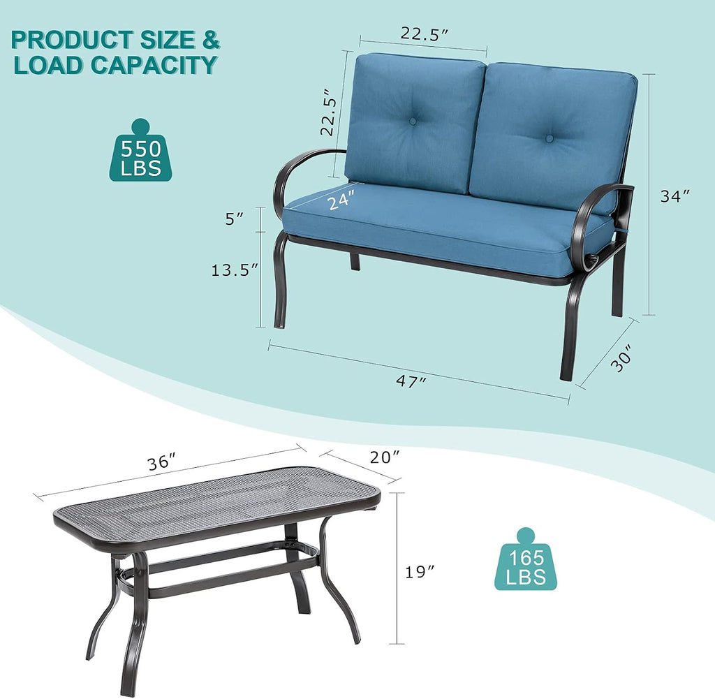 Giantex Patio Loveseat with Coffee Table Outdoor Bench with Cushion and Metal Frame, Loveseat Porch Furniture Set Sofa for Garden, Yard, Patio or Poolside (Navy & Black)