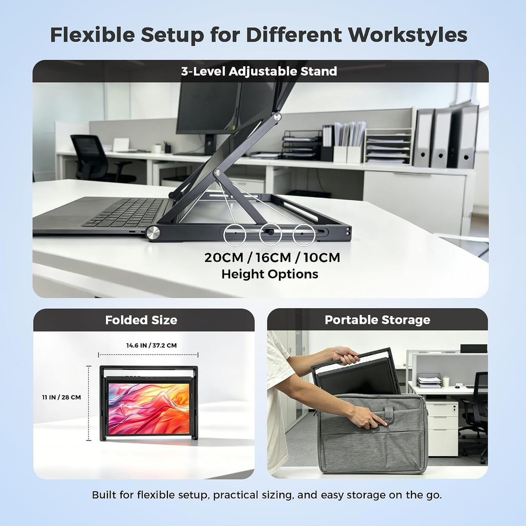 14 Inch Laptop Screen Extender, Portable Triple Monitor for 11-17 Inch Laptops, 1920x1200 IPS Foldable Display with 360° Rotation, USB-C (DP Alt Mode) and HDMI for Windows and Mac