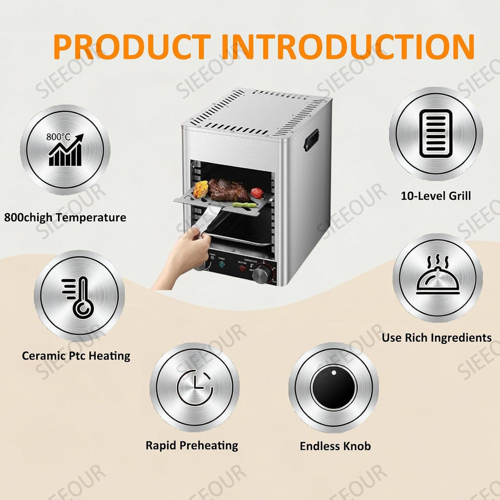 1700W Commercial Electric Steak Broiler, Steak Grill With Stainless Steel,10-Tier Indoor Smokeless With Timer & Temp Control (800℃), For Beef, Chicken, Pizza, Vegetables