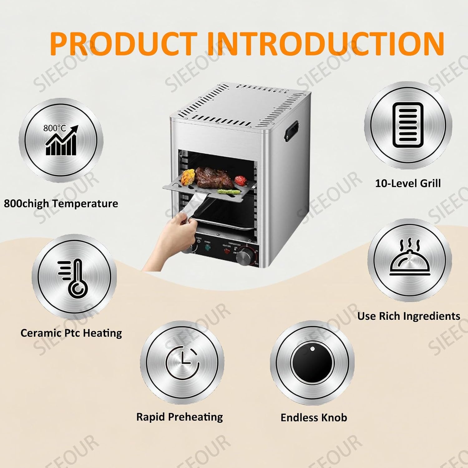 1700W Commercial Electric Steak Broiler, Steak Grill With Stainless Steel,10-Tier Indoor Smokeless With Timer & Temp Control (800℃), For Beef, Chicken, Pizza, Vegetables