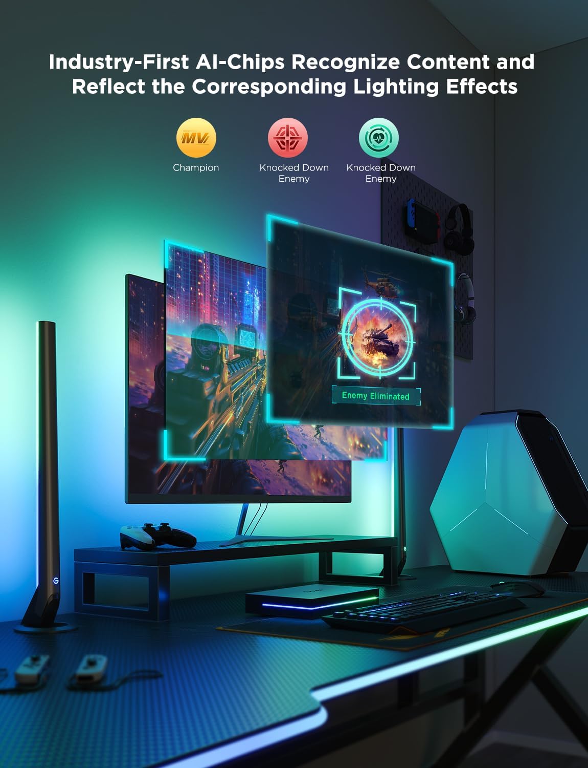 Govee HDMI 2.1 Sync Box Kit 2, Includes AI Sync Box, Light Bars, and Monitor Backlight, Supports 8K@60Hz, 4K@144Hz, VRR and ALLM, Works with Matter and Alexa, RGBIC Light Strip for 27-34 inch Monitor