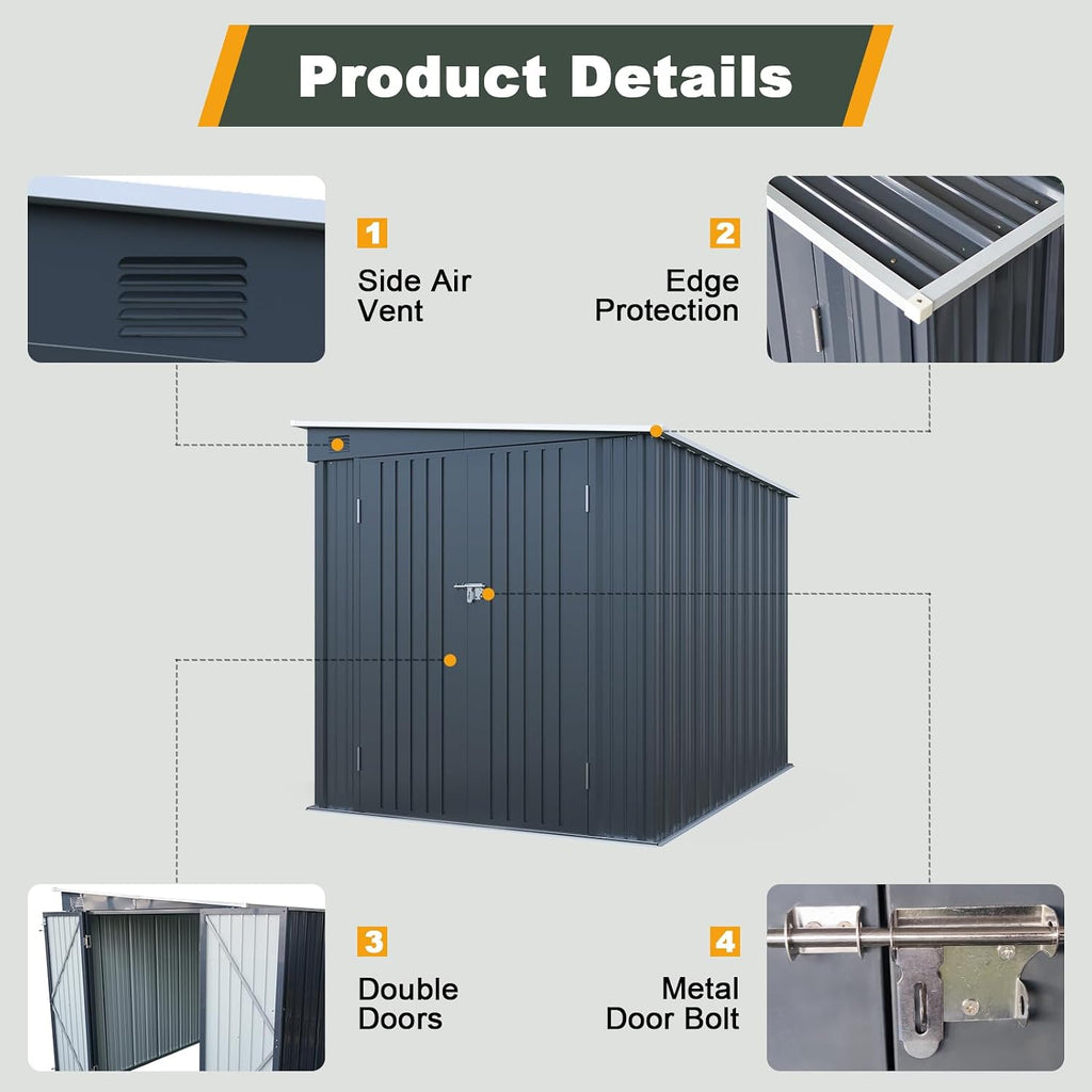 6x8 FT Lean to Shed with Skylight & Double Doors, Metal Outdoor Storage Shed with Free PC Light Board for Tools, Outside Storage Shed Waterproof for Backyard, Patio, Garden