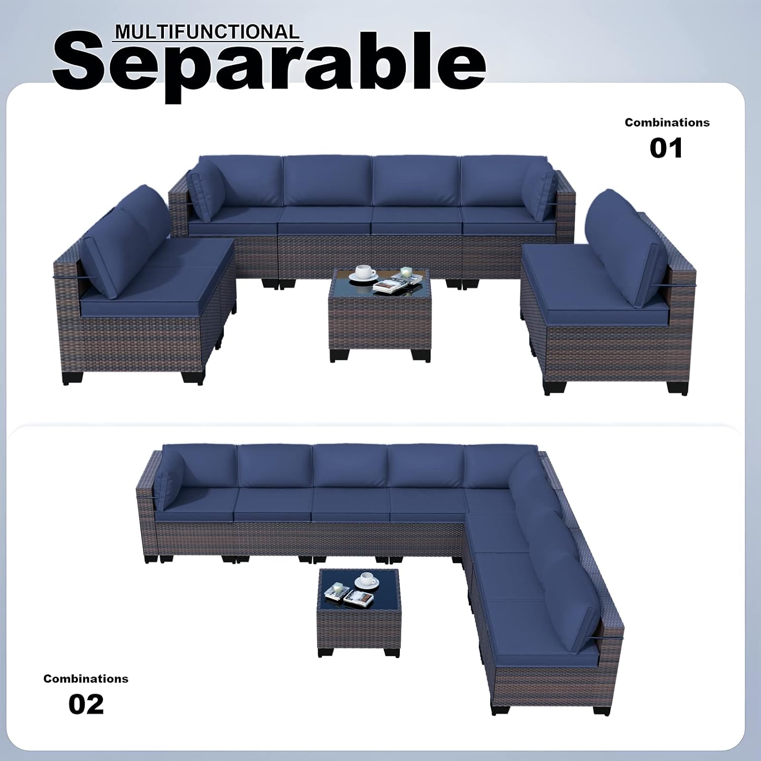 Kullavik 9 Pieces Outdoor Patio Furniture Set,Outdoor Sectional Rattan Sofa Set Brown PE Rattan Wicker Patio Conversation Set with Tempered Glass Coffee Table and Washable Cushions Covers,Navy Blue
