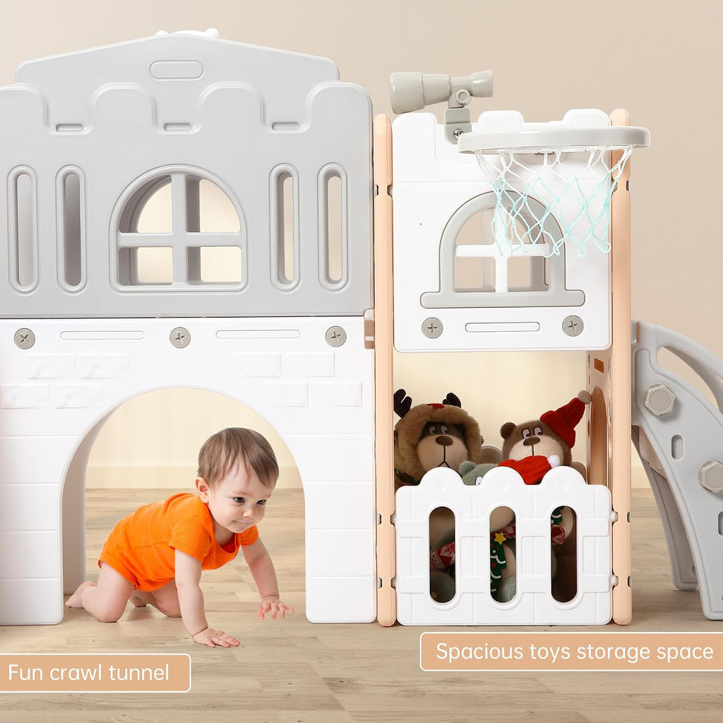 Garvee Toddler Slide 8 in 1 Toddler Playset for Toddlers Age 1-3, Baby Playset for Indoor Outdoor Playground with Climber, Crawling Tunnel, Basketball Hoop, Telescope, Toy Storage
