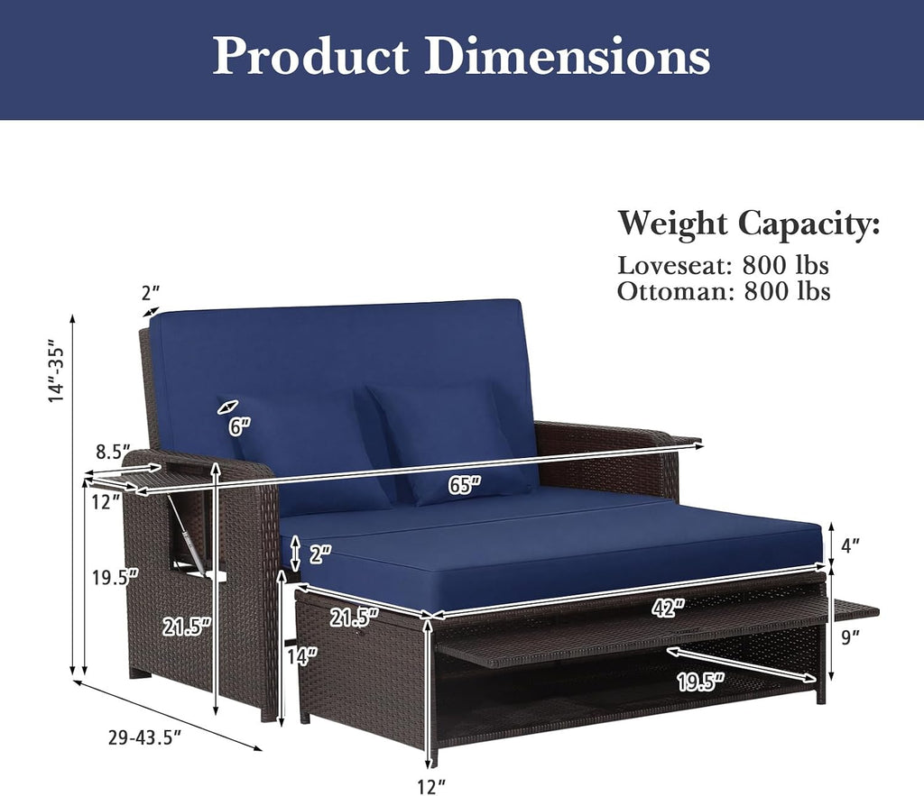 Tangkula Patio Rattan Daybed with 4-Level Adjustable Backrest, Outdoor PE Wicker Loveseat with Storage Ottoman & Folding Side Tray, Double Sunbed Lounger for Balcony, Backyard & Poolside, Navy & Brown