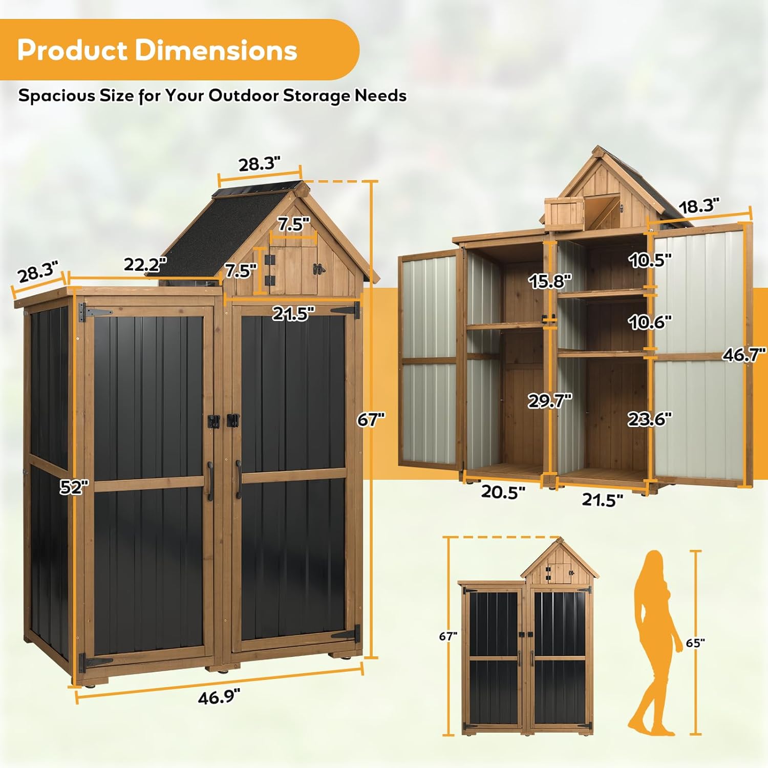 PetsCosset Outdoor Storage Cabinet Wood & Metal Garden Shed with Lockable Doors, 3 Adjustable Shelves, Weatherproof Patio Backyard Storage for Tools & Garden Supplies