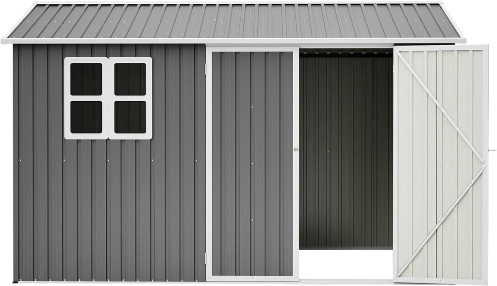 8x10FT Sheds & Outdoor Storage Shed with Bright Window and Lockable Doors, Spacious Metal Garden Shed Heavy-Duty Tool Sheds for Backyard, Patio, Lawn, Gray, Galvanized Steel
