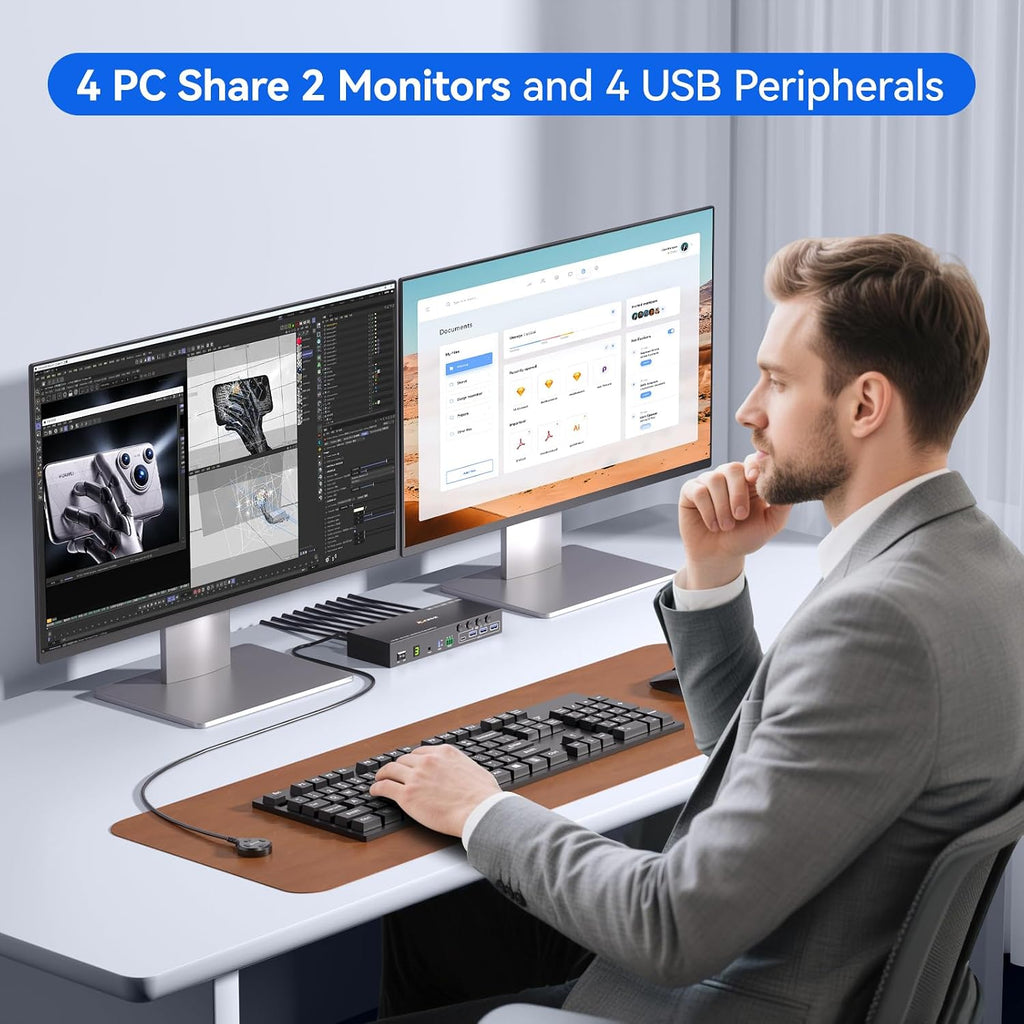 4 Port HDMI KVM Switch 2 Monitors 4 Computers 4K@60Hz EDID Simulation,Dual Monitor KVM Switch with 4 USB 3.0 Ports for USB Peripherals,Audio,RS232,with Wired Remote,12V Power and 4 USB Cables