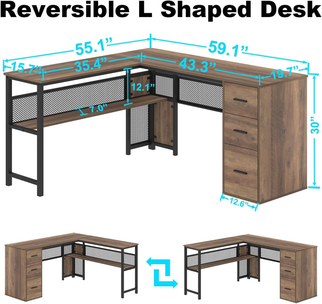 LVB Wood L Shaped Desk, Large Computer Office Desk with File Cabinets, Reversible Executive L Shape Gaming Desk with Drawers, Metal Wooden Corner Desk Table with with Storage Shelf, Rustic Oak 59 Inch
