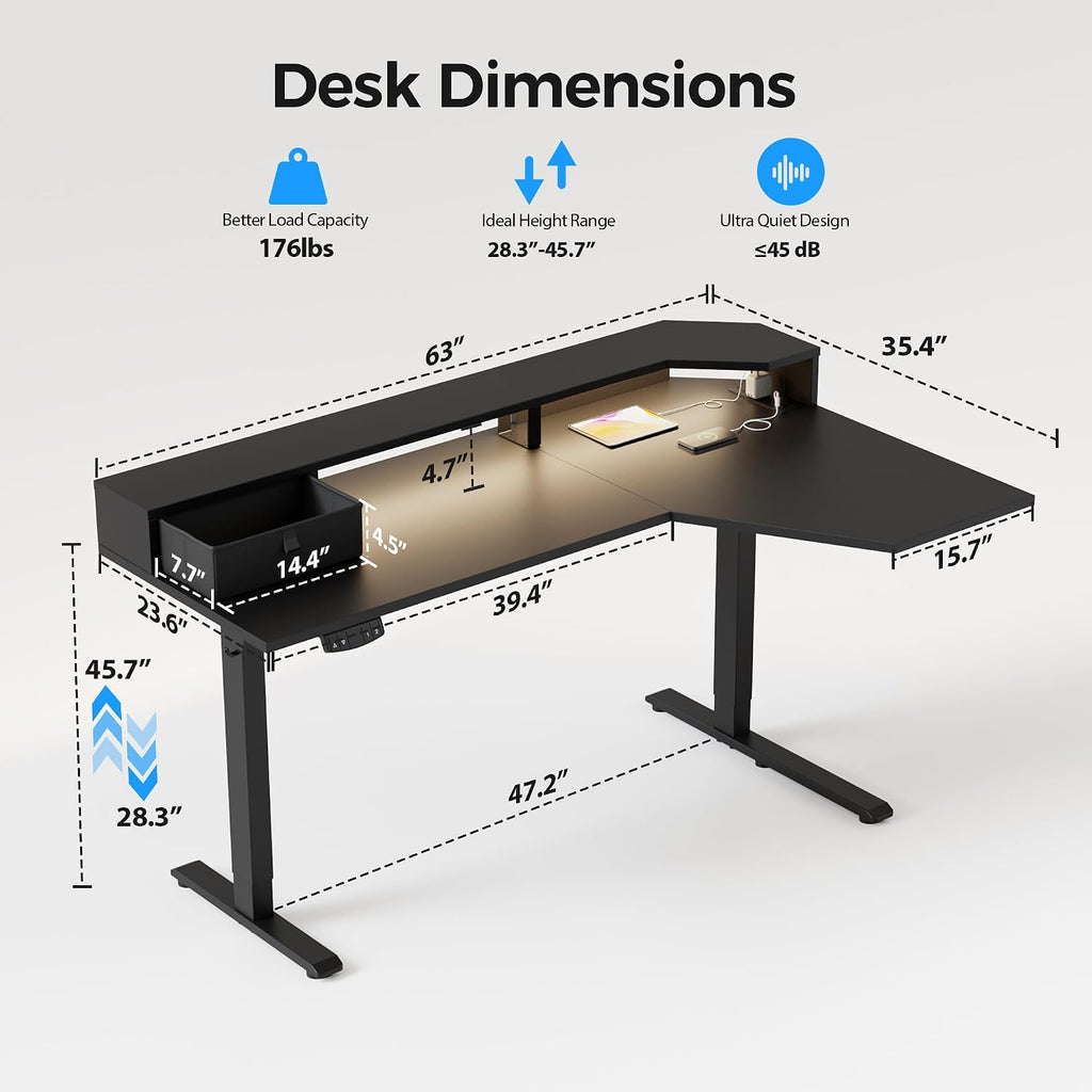 Agilestic 63 Inch L Shaped Electric Standing Desk with Shelf, Height Adjustable Large Desk with Power Outlets & LED, Corner Sit Stand Up Table with Monitor Stand, Computer Workstation, Black