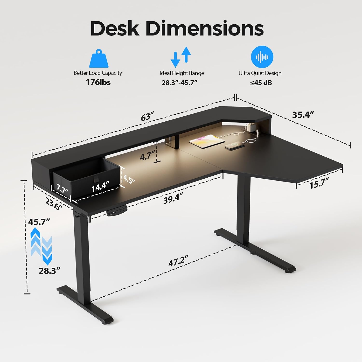 Agilestic 63 Inch L Shaped Electric Standing Desk with Shelf, Height Adjustable Large Desk with Power Outlets & LED, Corner Sit Stand Up Table with Monitor Stand, Computer Workstation, Black