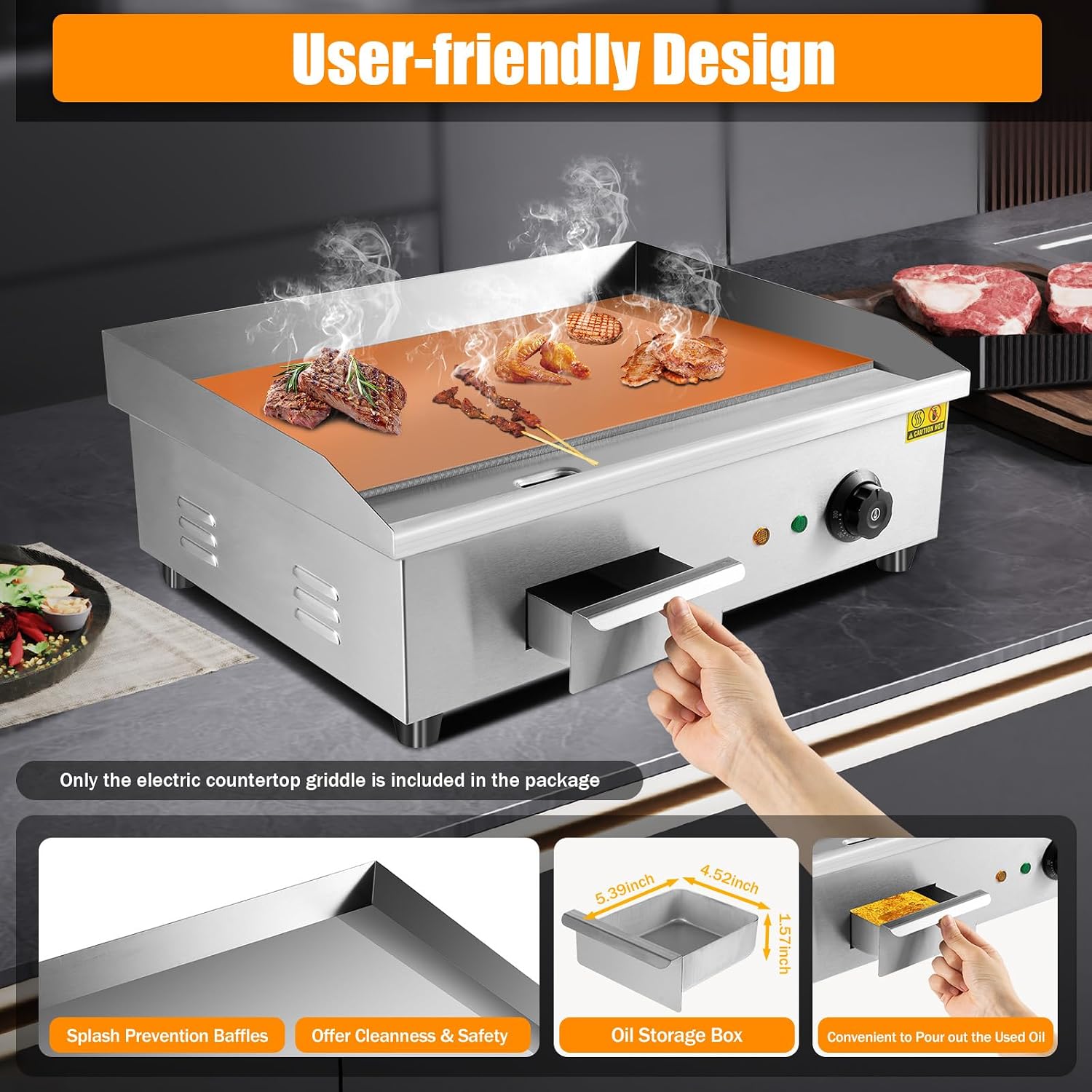 22' 3000W Commercial Countertop Electric Grill Pan, Flat Bottom Grill, Stainless Steel Hot Plate Grill, Adjustable Thermostat Control Restaurant Grill