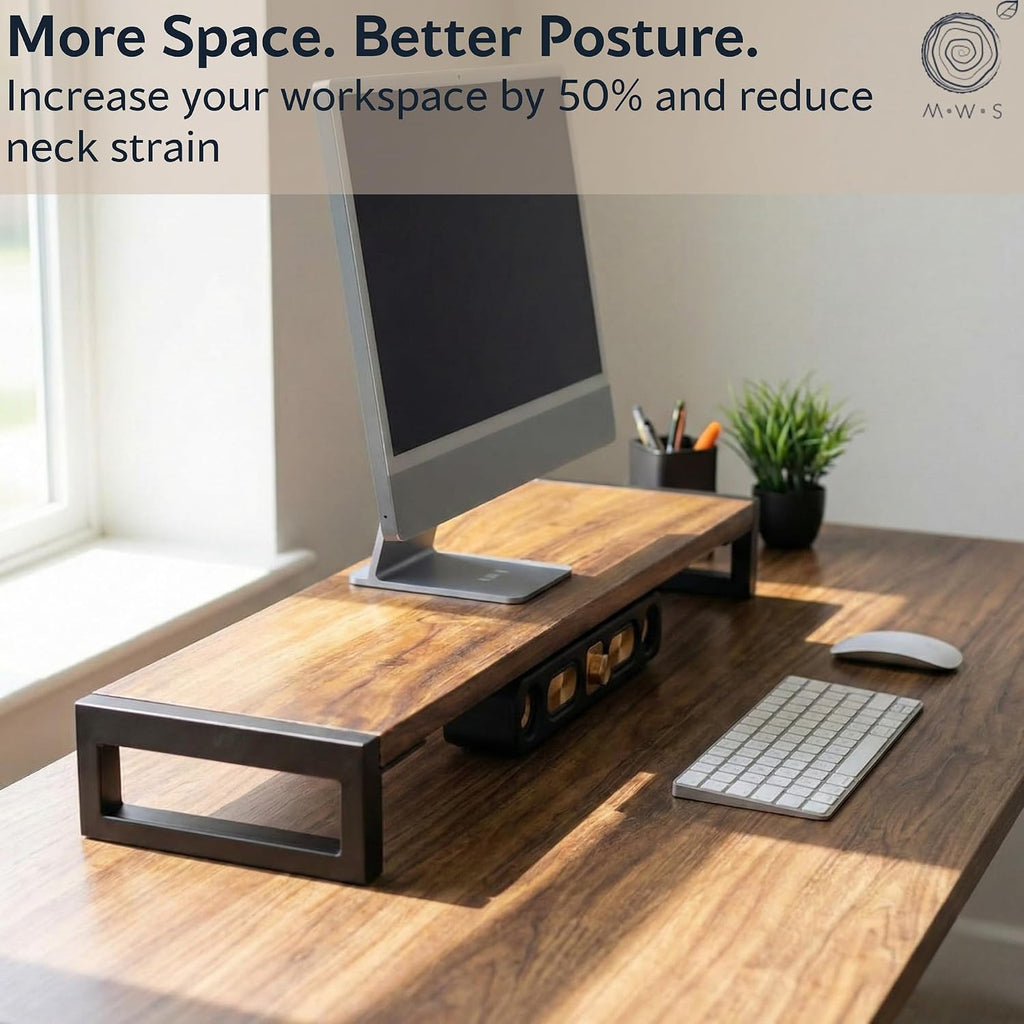 Dual Monitor Stand Riser for Desk – 40' Wide Walnut Solid Wood Desk Riser with Metal U-Legs, Scratch-Resistant, Hassle-Free Assembly