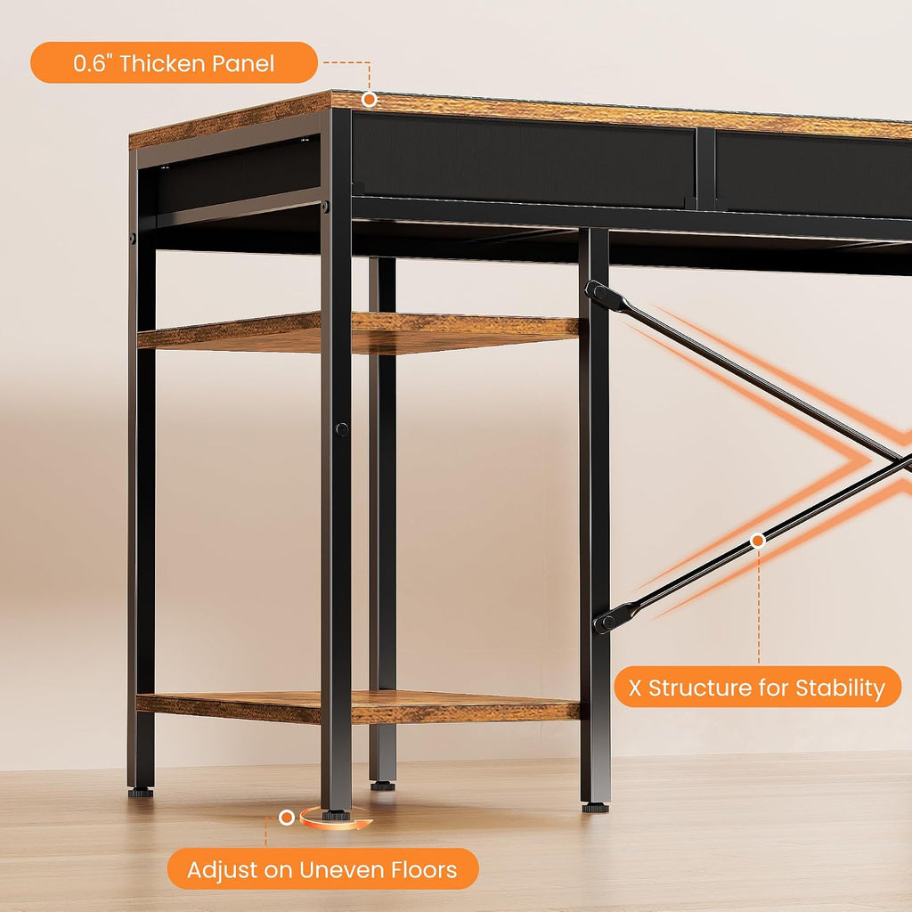 Sweetcrispy 55' Computer Desk with 6 Drawers, Home Office Gaming Desks with Storage Shelves for Bedroom, Writing Study Corner Living Room Work Table Rustic Brown