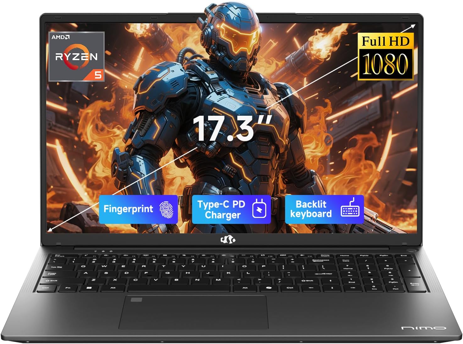 NIMO 17.3' IPS FHD-Gaming-Laptop, AMD Ryzen 5 6600H 6 Cores 16GB DDR5 RAM 1TB SSD (Beat i7-1165G7, Up to 4.5GHz) Radeon 660M GPU-Computer with 100W Type-C Backlit Keyboard Fingerprint Win 11