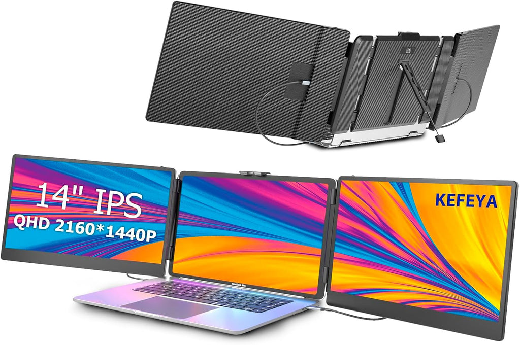 KEFEYA Laptop Screen Extender, 14' Portable Monitor for Laptop, 1440P QHD Triple Screen Monitor Extender for 13'-17' Laptops, HDMI/USB-C for MacBook, Windows, Chrome, Switch, Plug & Play