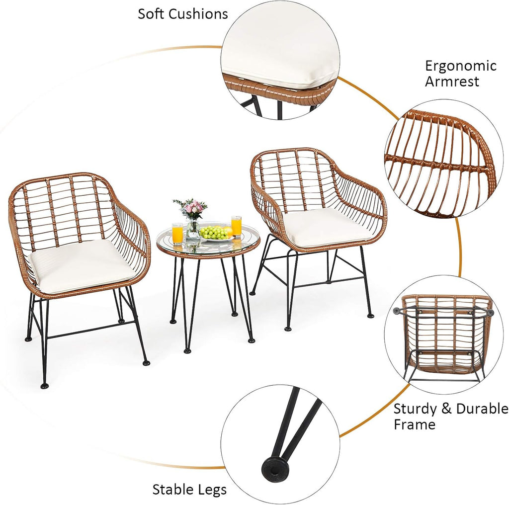 COSTWAY 3 Pieces Patio Bistro Set, Outdoor Rattan Conversation Seating Chair Set with Coffee Table & Soft Cushions, Indoor Wicker Furniture Set for Garden, Balcony, Porch, Pool,Beige