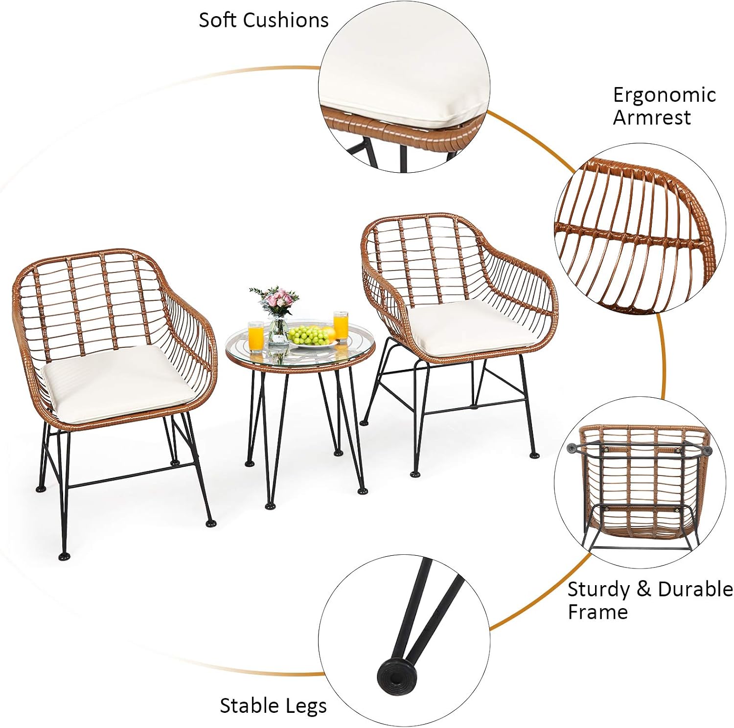 COSTWAY 3 Pieces Patio Bistro Set, Outdoor Rattan Conversation Seating Chair Set with Coffee Table & Soft Cushions, Indoor Wicker Furniture Set for Garden, Balcony, Porch, Pool,Beige