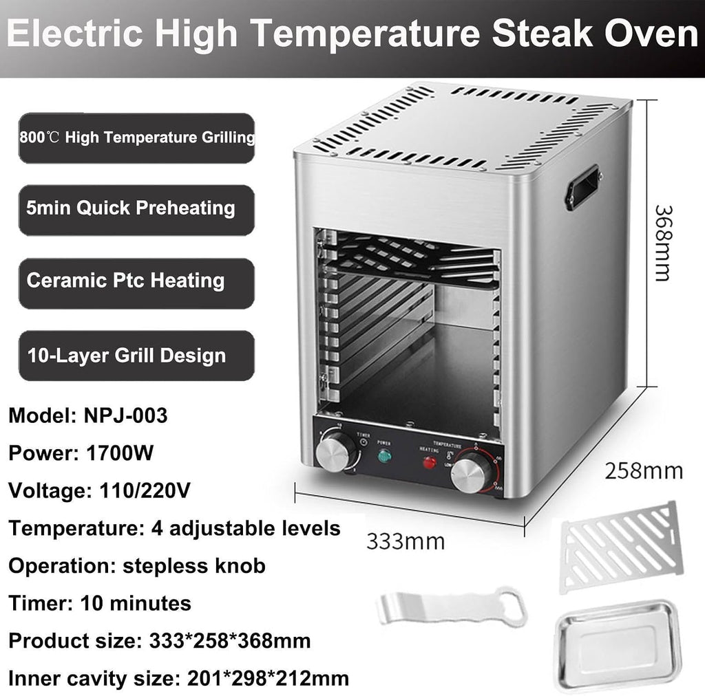 Electric Steak Grill Indoor, 1700w Steak Broiler Automatic Steak Smoker Grill With Gloves/Baking Tray,800℃ Adjustable Temperature & 10min Timer For Beef Chicken Vegetables,B