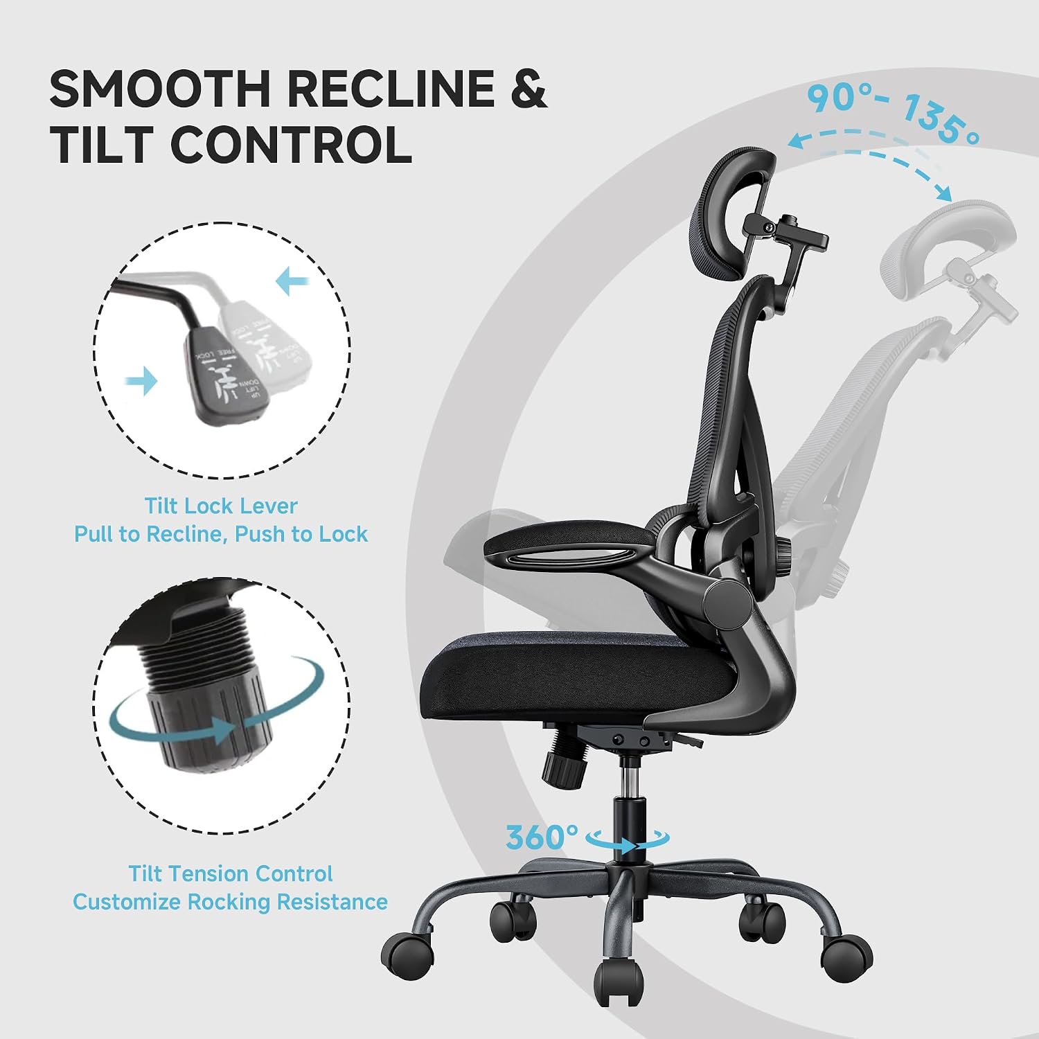 Ergonomic Office Chair, 330LBS Desk Chair with 3-Level Lumbar Support & Headrest, Breathable Mesh Backrest, Flip-Up Armrests for Home Office and Gaming, Black