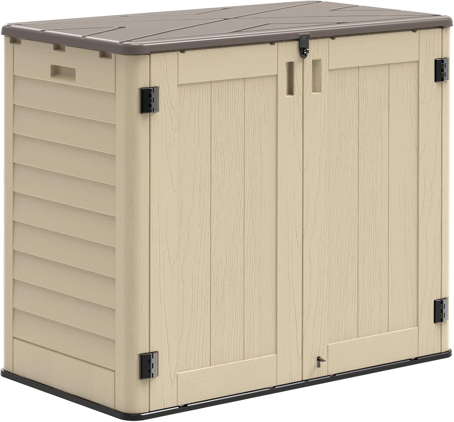 Outdoor Storage Shed, 30 Cu Ft Waterproof Horizontal Resin Storage Cabinet, Weather-Resistant Garden Shed Trash Can Storage with Pad-Lockable Doors for Backyards (Khaki)