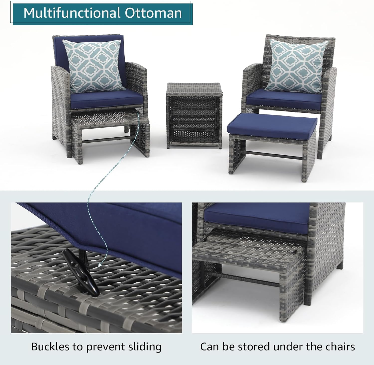 OC Orange-Casual Patio Furniture Sets,8 Pieces Conversation Set, Outdoor Wicker Bistro Set, All Weather Sectional Loveseat Chairs with Ottoman & Coffee Table, Grey Rattan with Navy Blue Cushion