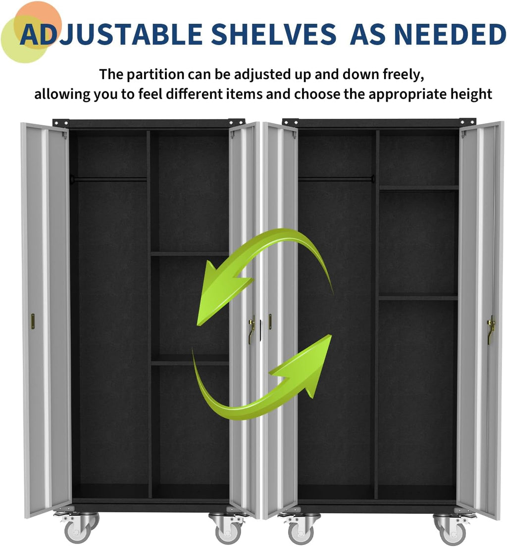 GarveeHome Metal Locker Storage Cabinet with Wheels 71' H with Doors and 2 Shelves Adjustable 4 Adjustable Feet for Home, Garage, Office, Shop