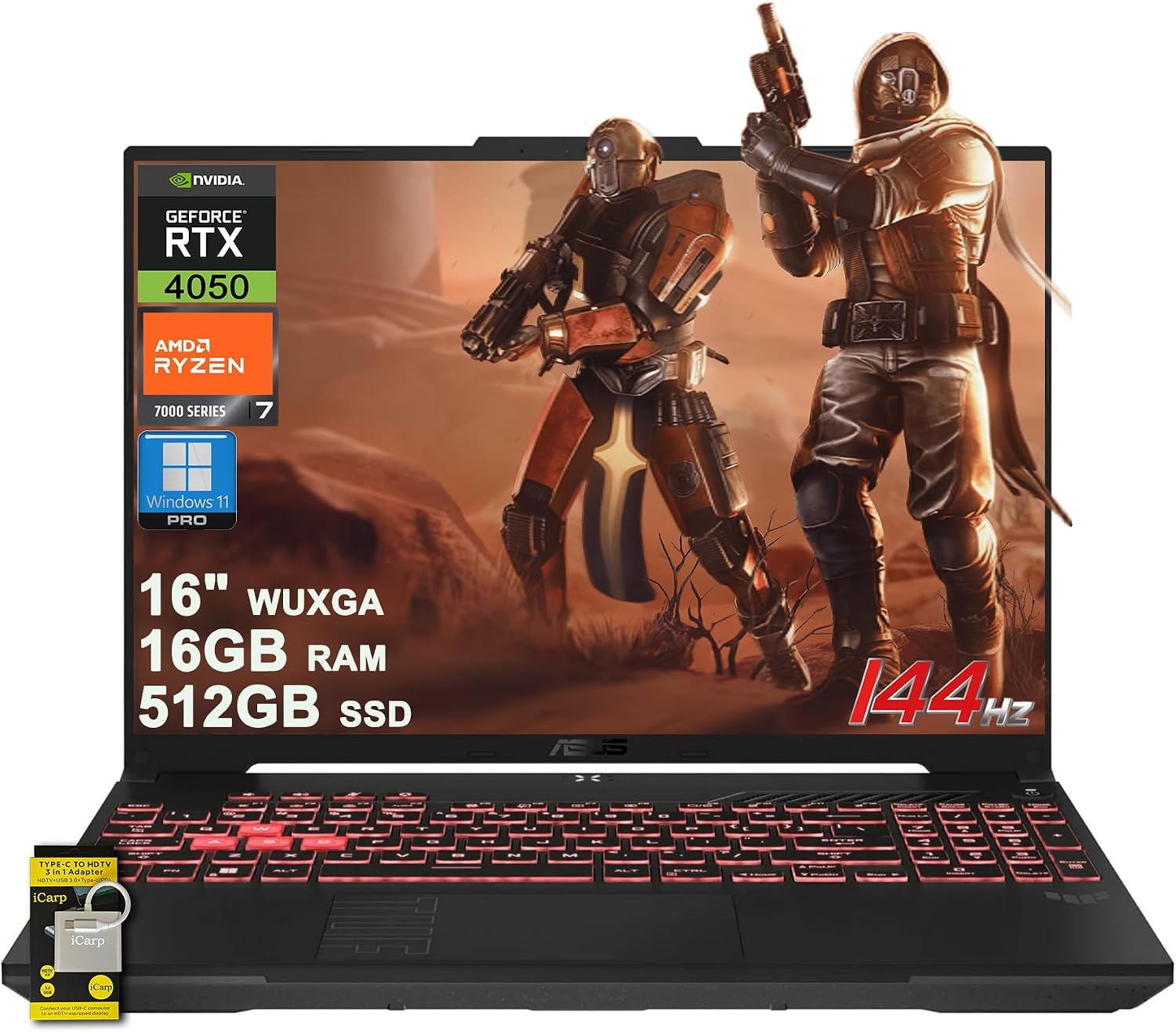 ASUS TUF Gaming A16 Laptop 16' WUXGA IPS 144Hz AMD 6-core Ryzen 7 7445HS 16GB RAM 512GB SSD GeForce RTX 4050 (Up to 194 AI Tops) RGB Backlit USB4 Two-Way AI Noise Cancelation Win11Pro ICP Hub