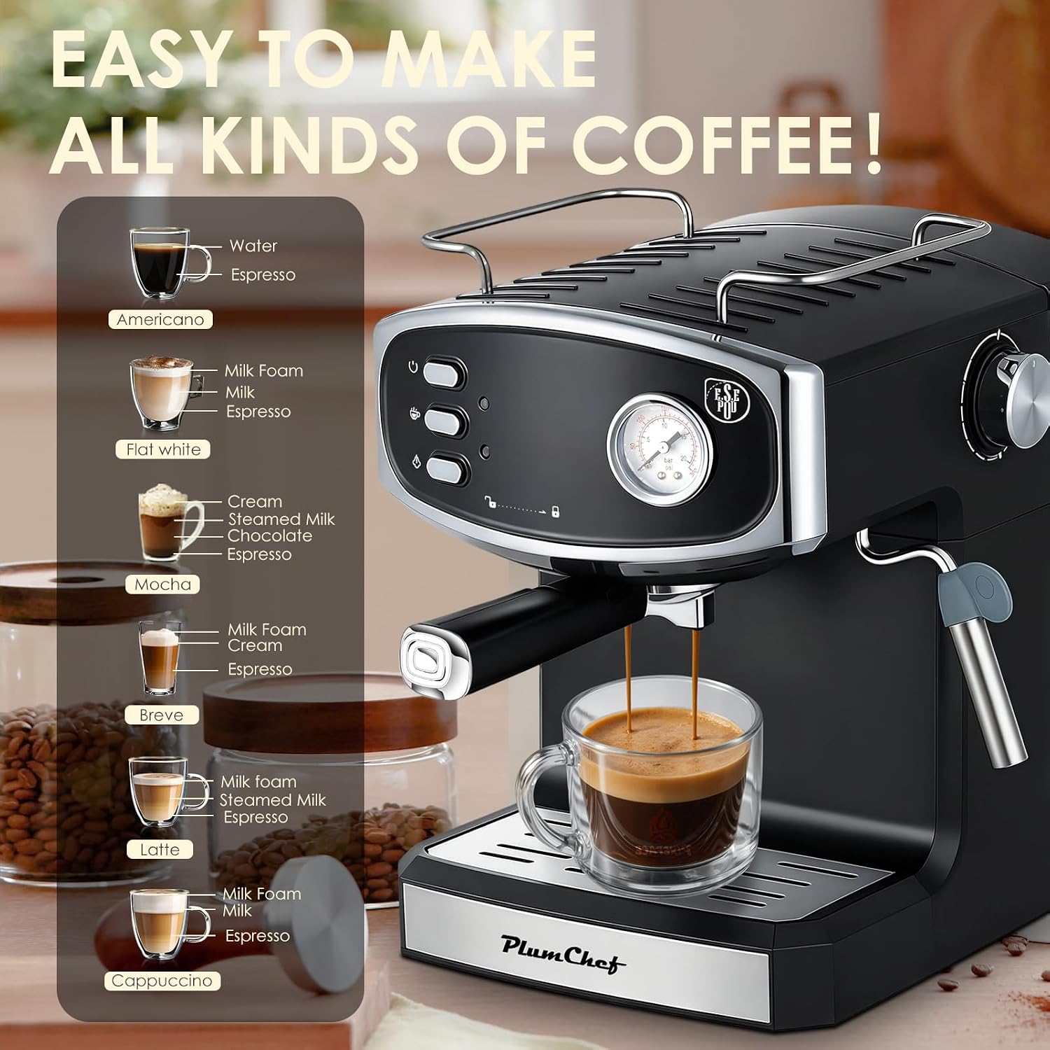 Plum chef 20 Bar Espresso Coffee Maker for Home - Professional Compact Coffee Maker witn Steam Wand Milk Frother, Pressure Gauge, 54oz Tank - Low Noise Fast Brew for Cappuccino, Latte,black