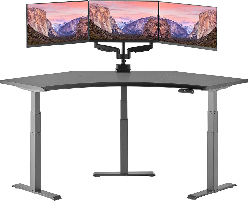 Vari Command Center Electric Standing Desk – 120° Curved Sit-Stand Gaming Desk Corner Workstation for Triple Monitors + Sloped Front Edge, 4 Height Settings, 200 lb Capacity (Black Top/Slate Legs)