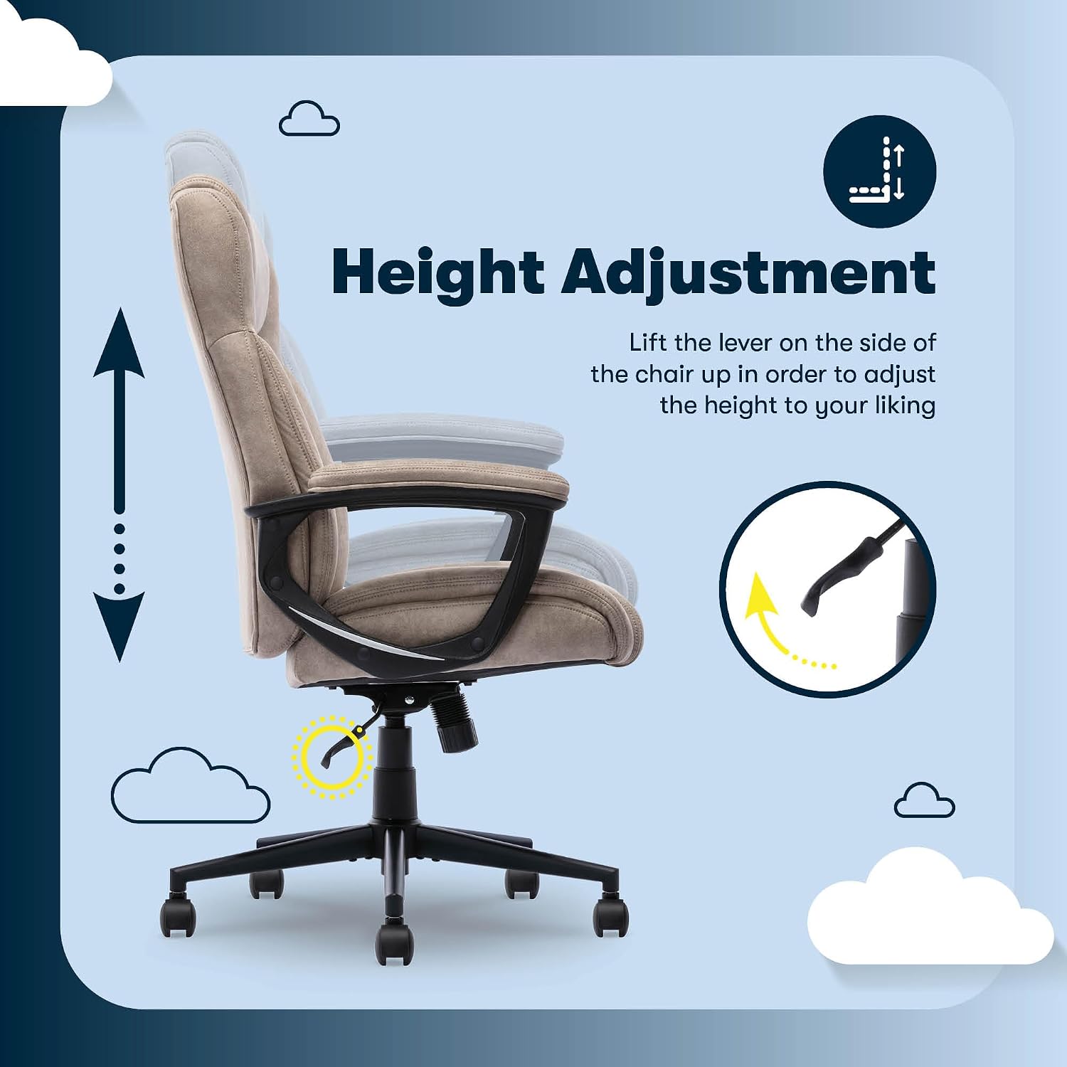Serta Comfort Eco Office Chair, Ergonomic Mid-Back with Lumbar Support, Semi-Plush Seat Cushion and Layered Body Pillows, Padded Armrests, Metal Swivel Base, Soft Velvet Fabric, Light Brown