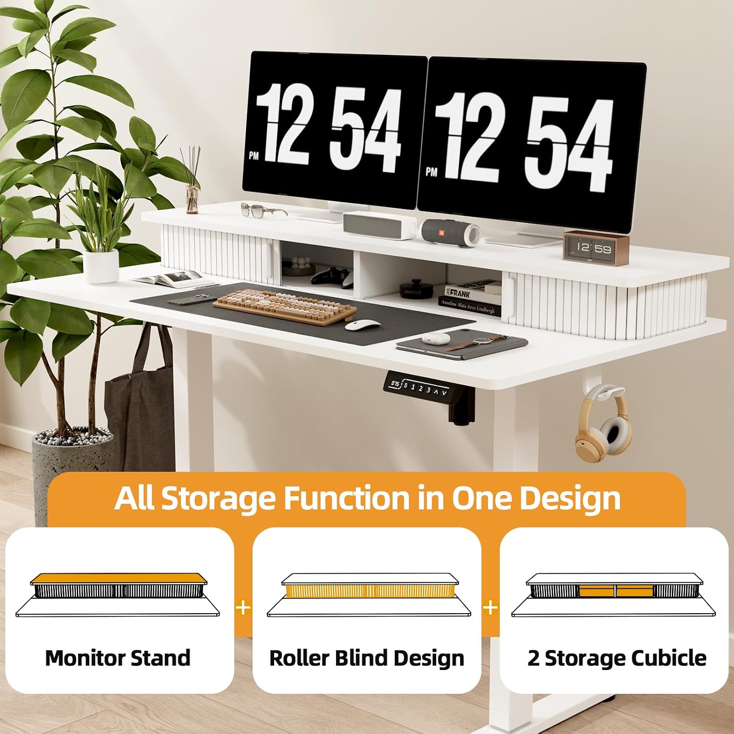 JOY worker Height Adjustable Electric Standing Desk with Storage Shelves, 55 Inch Desk with Built-in Monitor Stand, Sit Stand Workstation with 2 Hooks for Home Office, White