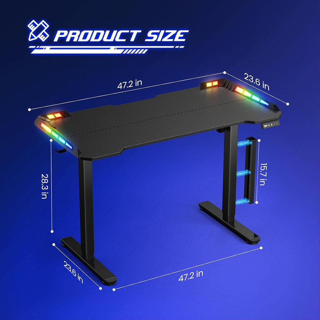 Flycity Gaming Standing Desk with LED Lights & APP Control, 48' x 24' Gaming Table with Music Sensing, Underdesk Cable Storage Electric Standing Desk, Black Carbon Fiber PC Desk for Home Office