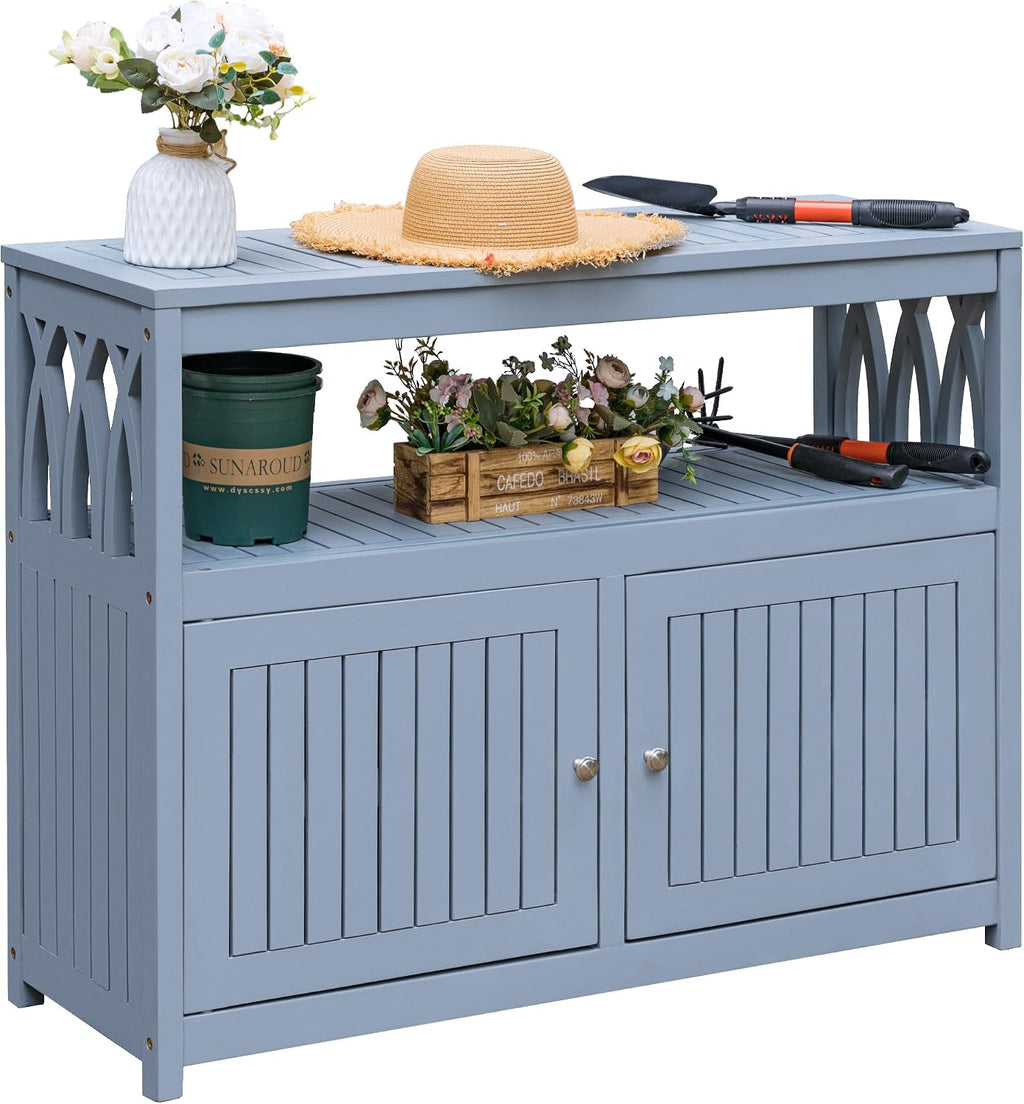 Devoko Acacia Wood Patio Cabinet with 2 Magnetic Doors and Shelve for Outdoor Storage, TV Stand, Potting Table (Gray)
